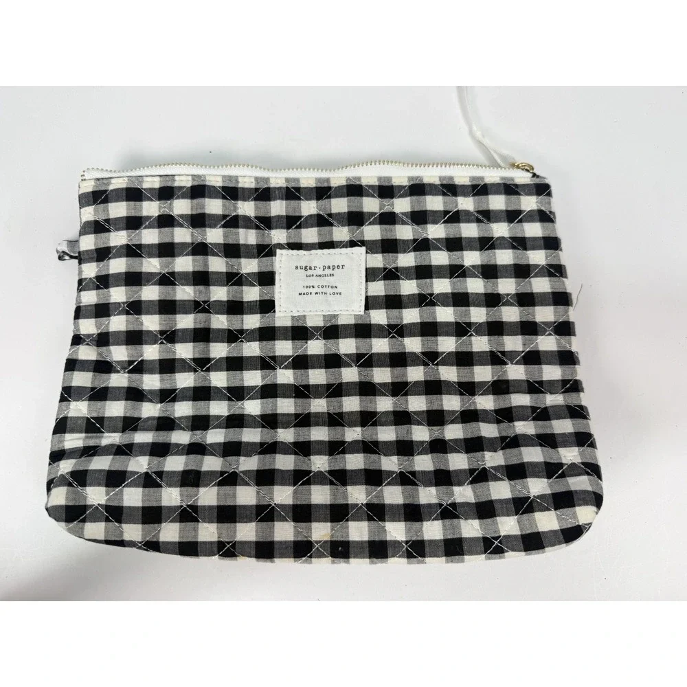 Sugar Paper Los Angeles Quilted Black Glingham Cosmetic Bag Zipper Pouch Cotton